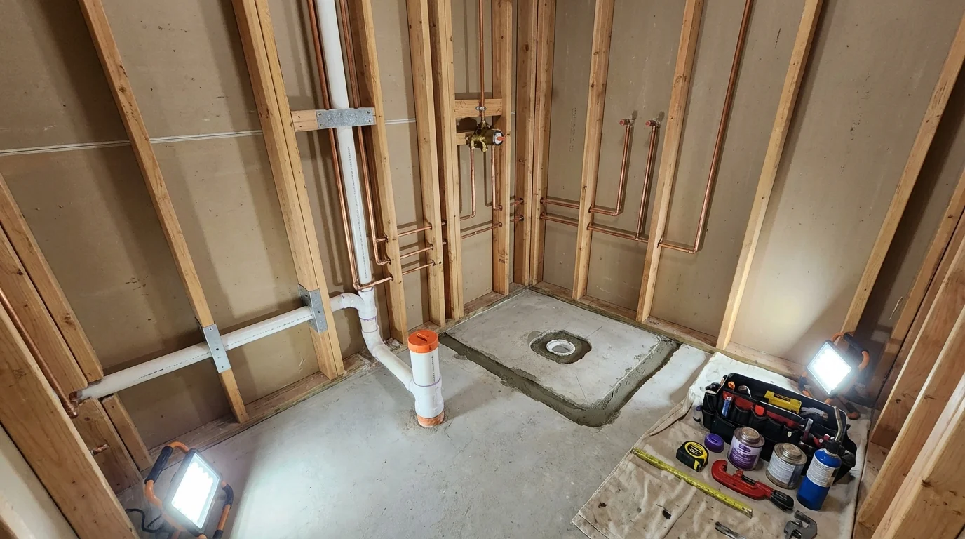 Bathroom rough-in plumbing during remodel by Johns Plumbing LLC in Oil City