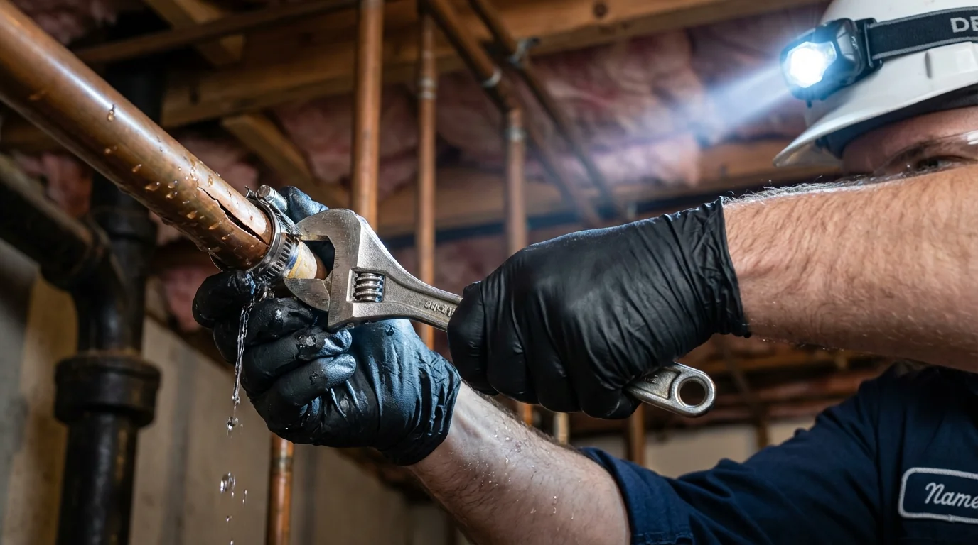 Emergency pipe clamp repair being performed by a Johns Plumbing LLC plumber in Oil City