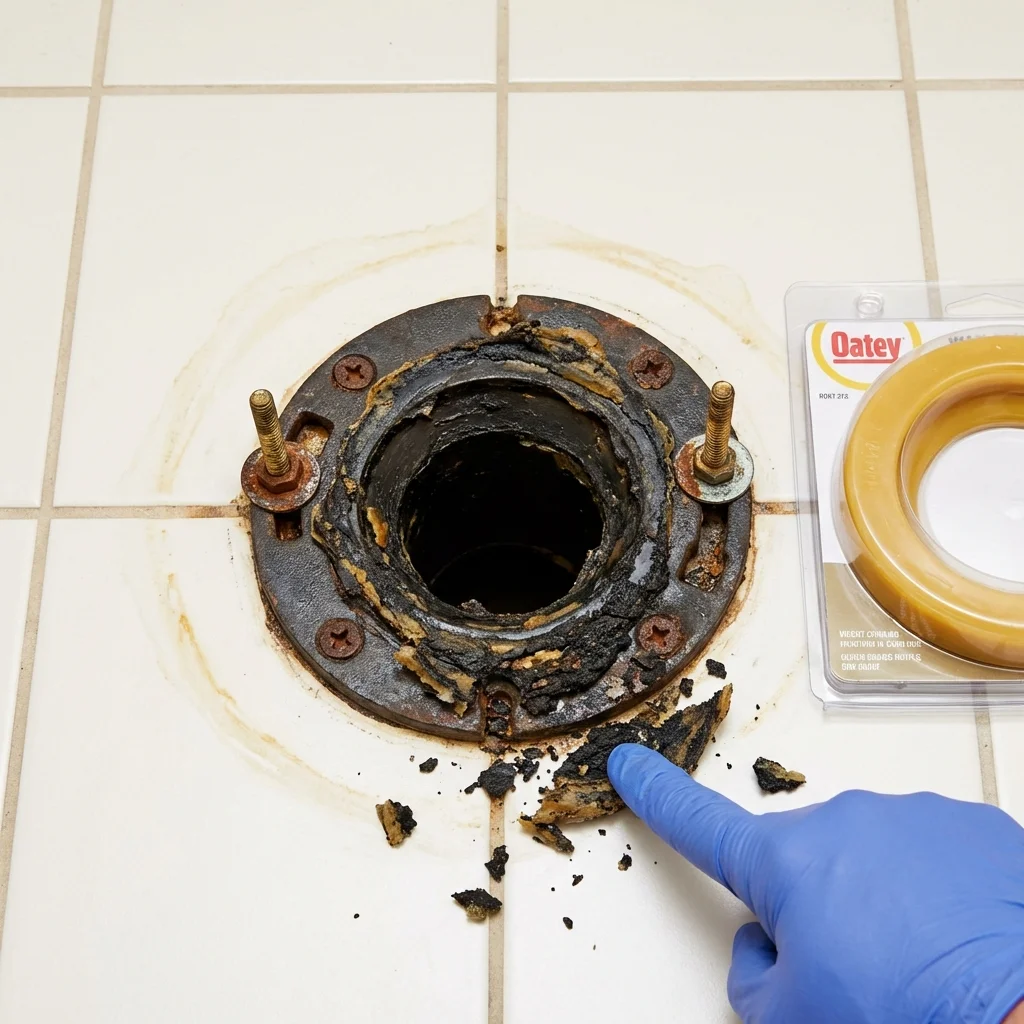 Failed wax ring showing water seepage at the base of a toilet in a Oil City, PA home