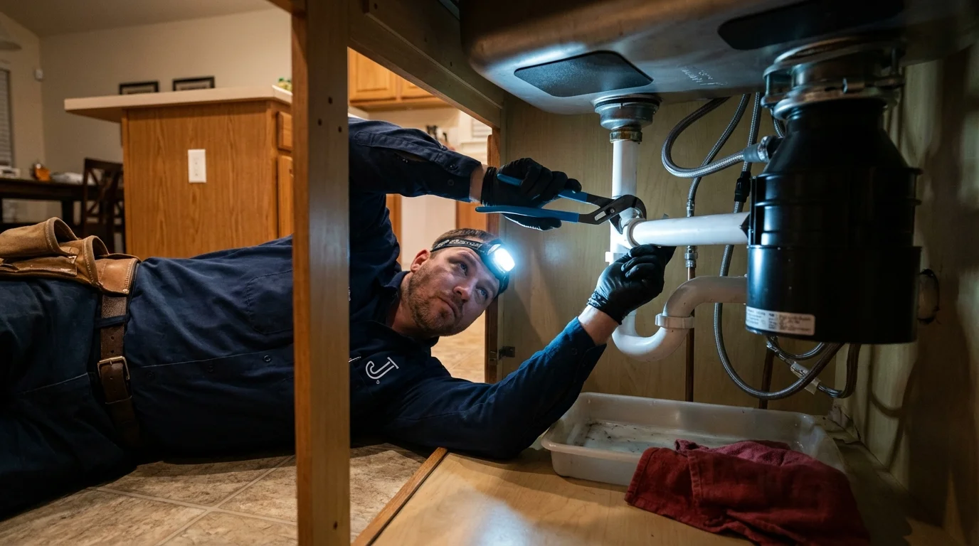 P-trap and supply line connections under a kitchen sink showing a common leak point in Oil City, PA